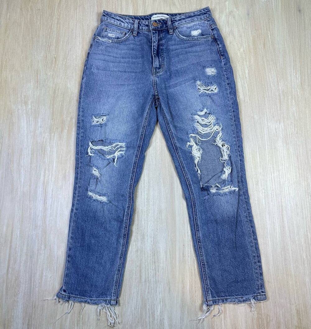 Flying Monkey Distressed Medium Wash Fray Hem Relaxed Straight Mom Jeans 26